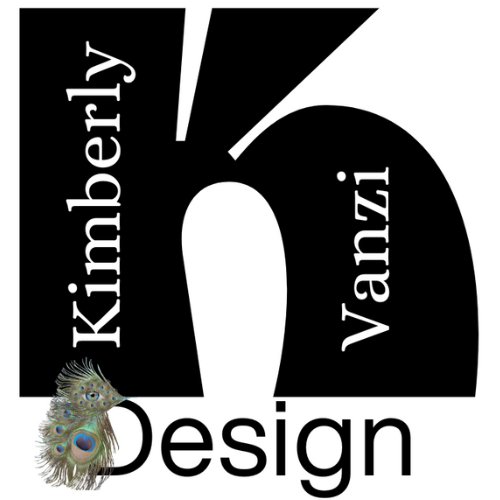 Black and white logo of Kimberly Vanzi Design with a large bubble K with the name on it and Design written below with the bird created with peacock feathers on the D.